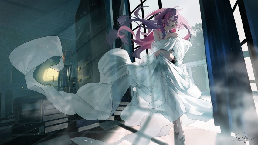 1girl bed_sheet blush book chair covering_breasts covering_privates curtains desk fog full_body highres holding holding_sheet indoors lamp light_particles light_rays long_hair looking_at_viewer navel nude open_mouth original pile_of_books pink_eyes pink_hair purple_hair saraki signature solo standing window