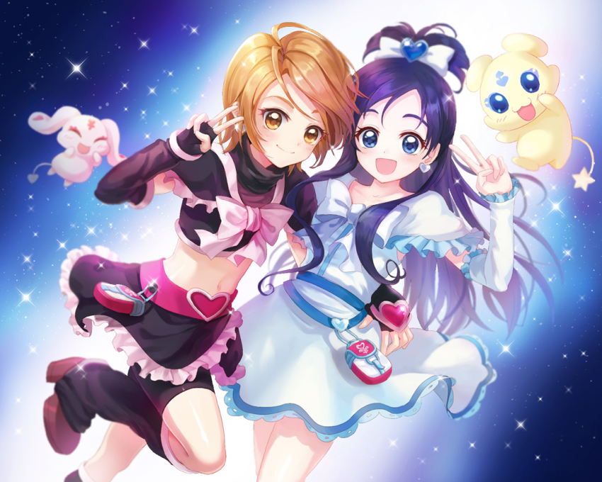 00s 2girls :d arm_warmers belt bike_shorts black_gloves black_legwear black_shirt black_skirt blue_eyes blue_hair blush boots cure_black cure_white detached_sleeves double_v dress earrings eyelashes fingerless_gloves futari_wa_precure gloves gradient_background hair_ornament hair_ribbon half_updo happy heart high_heel_boots high_heels jewelry leg_warmers long_hair looking_at_viewer magical_girl mascot mepple midriff miniskirt mipple misumi_nagisa moai_(aoh) multiple_girls navel open_mouth orange_eyes orange_hair ponytail precure ribbon shirt short_hair shorts shorts_under_skirt skirt smile standing v white_dress yukishiro_honoka