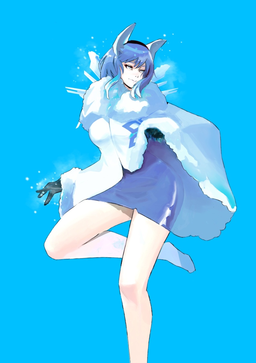 1girl black_gloves blue_eyes blue_hair capelet dress fire_emblem fire_emblem_heroes fur-trimmed_capelet fur-trimmed_hoodie fur_trim gloves headband highres hood hoodie ice ice_horns magic nifl_(fire_emblem) nintendo rod_langhi short_dress short_hair simple_background snowflake_print solo thighs