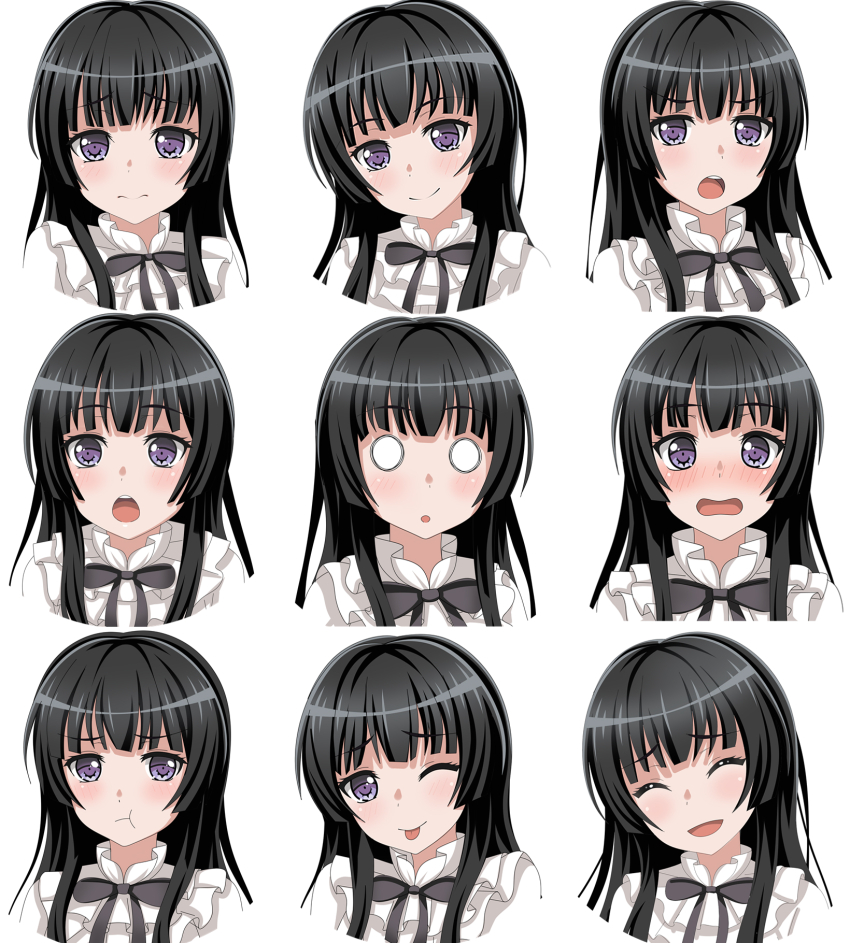 1girl :o ^_^ bang_dream! black_hair black_ribbon blush closed_eyes closed_mouth commentary cropped_torso embarrassed english_commentary multiple_expressions facing_viewer fries_vanquisher highres long_hair looking_at_viewer multiple_views neck_ribbon o_o one_eye_closed open_mouth pout purple_eyes ribbon shirokane_rinko simple_background smile teeth tongue tongue_out upper_body upper_teeth_only white_background