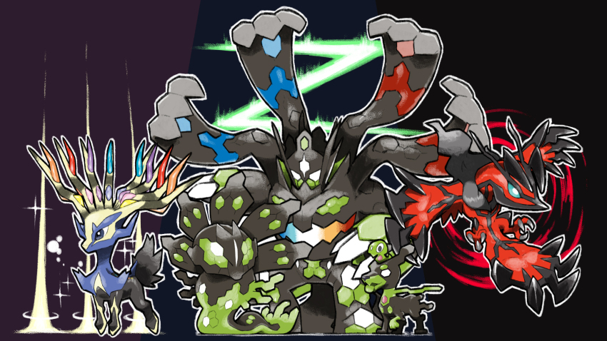 animal_focus antlers blacknirrow blue_eyes chibi flying gen_6_pokemon highres horns legendary_pokemon nintendo no_humans open_mouth outline pokemon pokemon_(creature) tongue tongue_out white_eyes white_outline xerneas yveltal zygarde zygarde_(10) zygarde_(50) zygarde_(complete) zygarde_core
