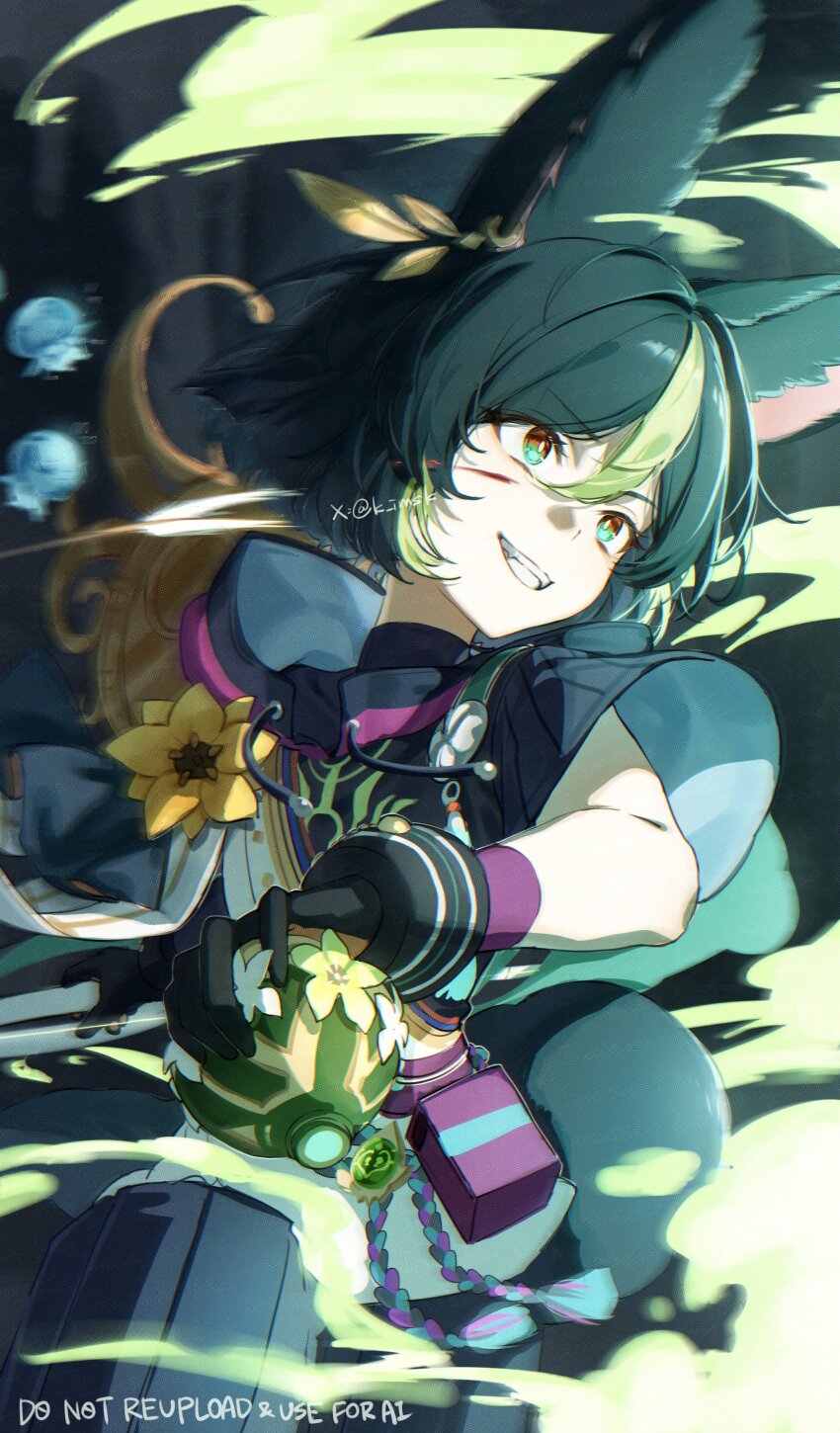 1boy absurdres animal_ears black_gloves black_hair black_hood brown_eyes commentary drawstring flower fox_boy fox_ears fungi_(genshin_impact) gem genshin_impact gloves green_eyes green_gemstone green_hair grin hair_between_eyes highres holding hood hood_down imasaki_kei male_focus multicolored_eyes multicolored_hair smile solo streaked_hair tassel teeth tighnari_(genshin_impact) twitter_username two-tone_eyes yellow_flower