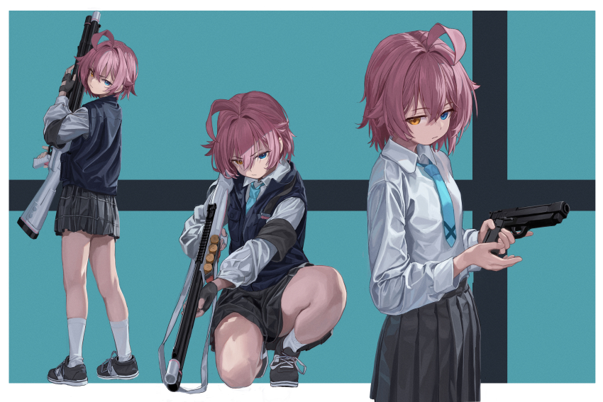 1girl :| absurdres ahoge aqua_background aqua_necktie beretta_1301 beretta_92 black_footwear black_gloves black_skirt black_vest blue_archive blue_eyes blue_necktie blue_vest closed_mouth collared_shirt commentary fingerless_gloves from_behind full_body gloves gun hair_between_eyes half-closed_eyes handgun heterochromia highres holding holding_gun holding_weapon hoshino_(blue_archive) hoshino_(first_year)_(blue_archive) long_sleeves looking_at_viewer looking_back miniskirt multiple_views naruto_maki_(naruto05) necktie pink_hair plaid_clothes plaid_skirt pleated_skirt serious shirt shoes short_hair shotgun simple_background skirt sleeve_cuffs sneakers socks standing v-shaped_eyebrows vest weapon white_shirt white_socks yellow_eyes