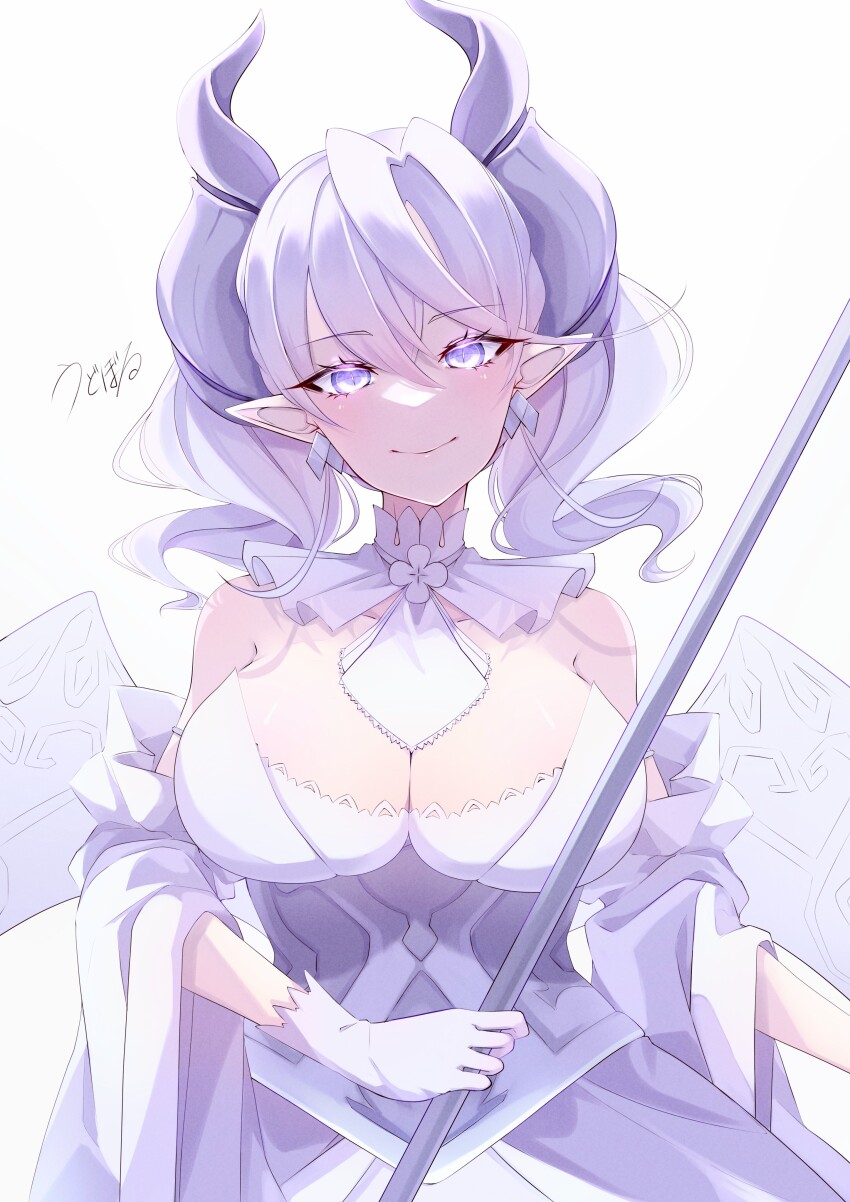 1girl absurdres armored_corset armored_leotard breasts cleavage collarbone demon_girl demon_horns demon_wings dress duel_monster earrings gloves grey_eyes grey_hair highres horns jewelry large_breasts leotard looking_at_viewer lovely_labrynth_of_the_silver_castle low_wings multiple_wings pointy_ears rukuruya simple_background smile solo spread_cleavage transparent_wings twintails white_background white_horns wings yu-gi-oh!