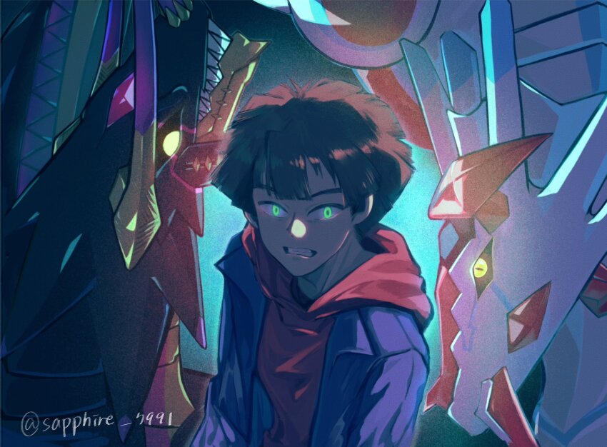 amanokawa_hiro brown_hair canoweissmon digimon digimon_(creature) digimon_ghost_game dragon green_eyes highres horns regulusmon sharp_teeth short_hair teeth yellow_eyes