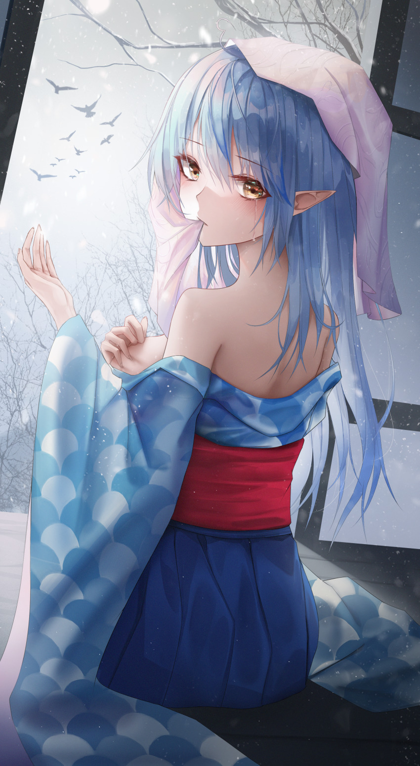 1girl absurdres bare_shoulders bird blue_hair blue_hakama blue_kimono blush breasts breasts_out brown_eyes closed_mouth crying crying_with_eyes_open day elf from_behind hakama hand_on_own_chest highres hololive indoors japanese_clothes kimono long_hair looking_at_viewer looking_back medium_breasts mouth_hold off_shoulder on_floor open_clothes open_kimono pointy_ears sideboob sitting snowing solo tears towel towel_on_head turbulence virtual_youtuber winter wooden_floor yukihana_lamy