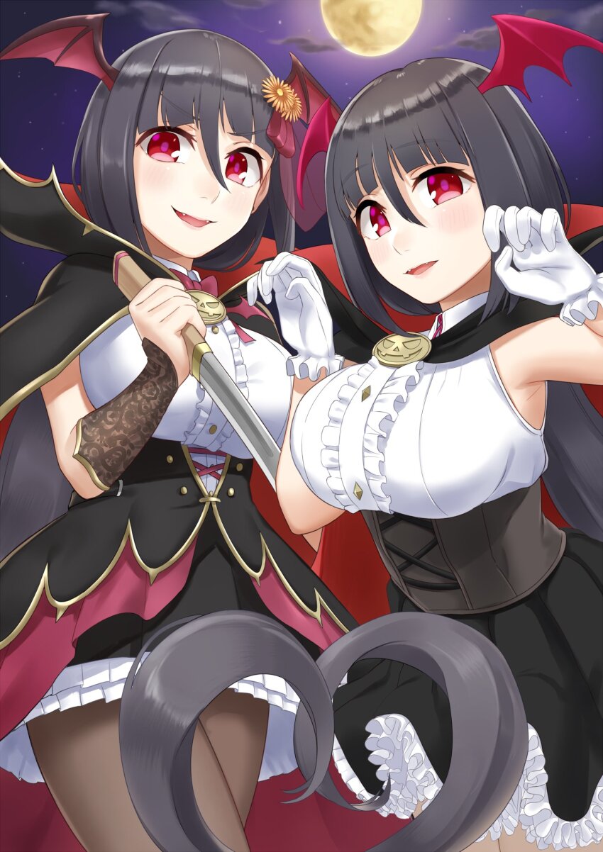 1girl arm_warmers bare_shoulders black_cloak black_hair black_pantyhose chrysanthemum cloak clone cloud corset cosplay dracula dracula_(cosplay) dress fang flower frilled_gloves frilled_skirt frills full_moon gloves highres ima-no-tsurugi_(tenka_hyakken) kurofuti long_hair low_ponytail moon night official_alternate_costume open_mouth pantyhose paw_pose petals ponytail pumpkin_print red_cloak red_eyes reverse_grip skirt sleeveless sleeveless_dress star_(sky) tenka_hyakken v-shaped_eyebrows very_long_hair