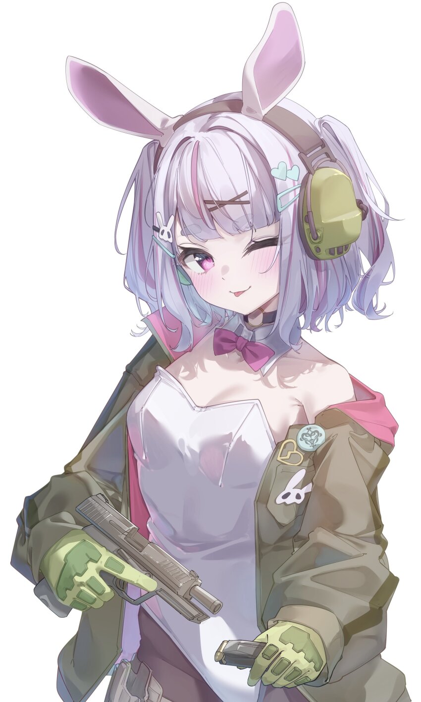 1girl absurdres alternate_costume animal_ear_headphones animal_ears armpit_crease black_choker bow bowtie breasts cattleya_regina_games choker cleavage detached_collar fake_animal_ears gloves green_gloves green_jacket grey_hair gun hair_intakes hair_ornament hairpin handgun headphones heart heart_hair_ornament highres holding holding_gun holding_magazine_(weapon) holding_weapon holster jacket kurumi_tsuchi leotard looking_at_viewer magazine_(weapon) medium_breasts multicolored_hair multiple_hairpins o-ring o-ring_choker one_eye_closed pantyhose pink_bow pink_bowtie pink_eyes playboy_bunny rabbit_ears rabbit_hair_ornament simple_background single_bare_shoulder single_off_shoulder solo streaked_hair tactical_playboy_bunny thick_eyebrows tongue tongue_out tosaki_mimi two_side_up upper_body virtual_youtuber vspo! weapon weapon_request white_background white_leotard x_hair_ornament