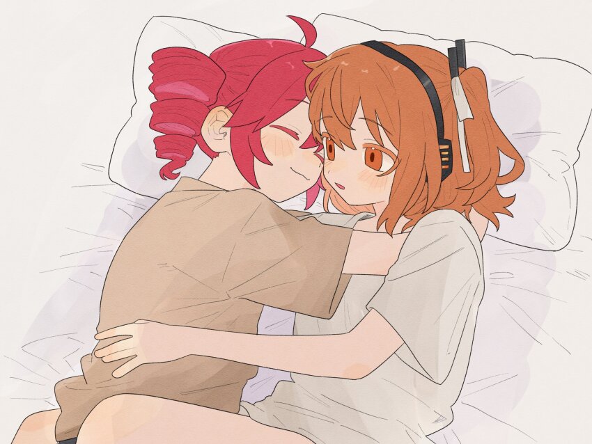 2girls a.i._voice adachi_rei ahoge brown_shirt closed_eyes closed_mouth drill_hair hair_ribbon highres hug kasane_teto lying multiple_girls ofo_j1 on_bed one_side_up orange_eyes orange_hair pillow red_hair ribbon shirt short_sleeves smile t-shirt twin_drills upper_body utau white_shirt yuri