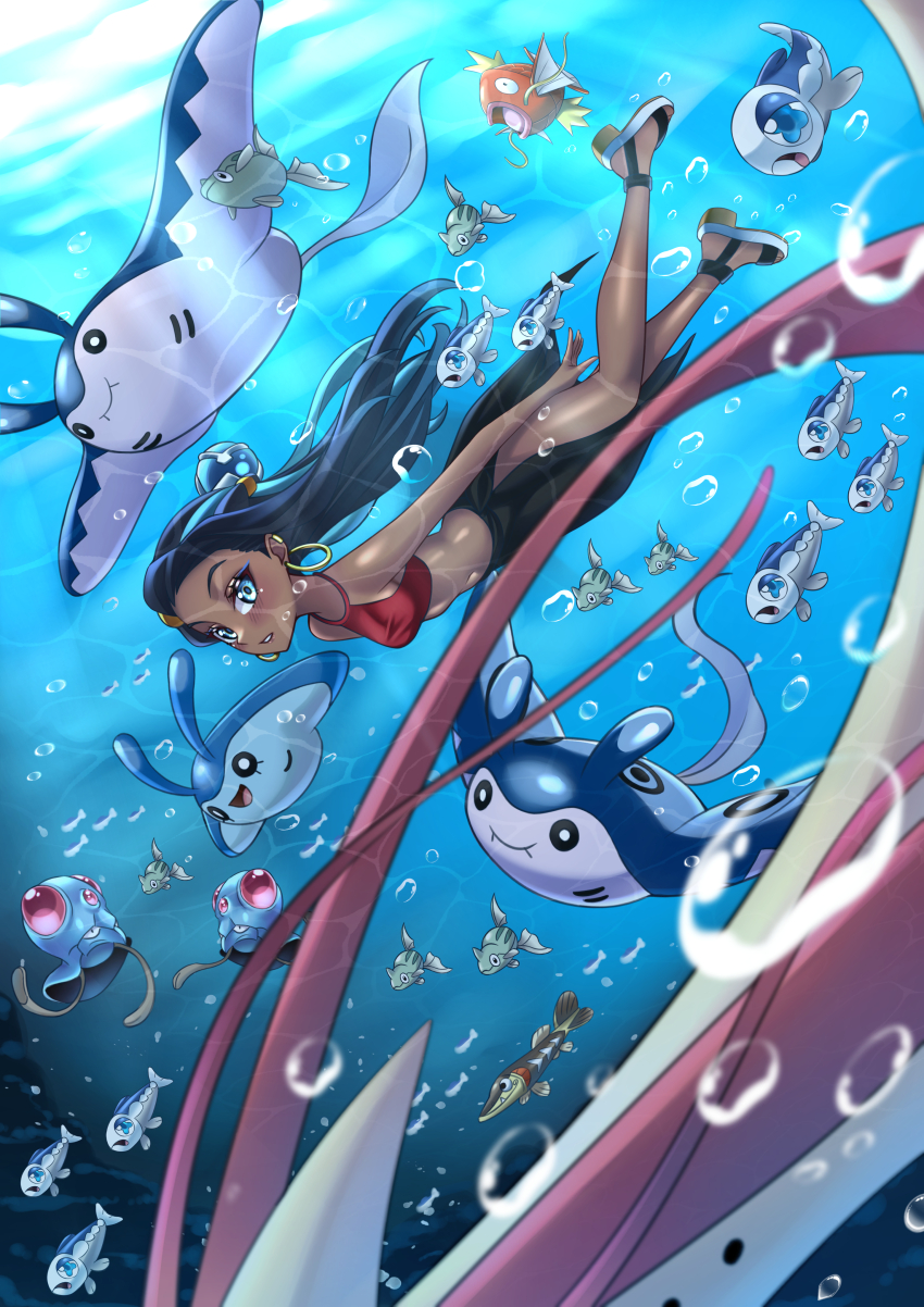 1girl absurdres arrokuda black_hair black_skirt blue_eyes blue_hair crop_top dark-skinned_female dark_skin fish gen_1_pokemon gen_2_pokemon gen_3_pokemon gen_4_pokemon gen_7_pokemon gen_8_pokemon highres long_hair magikarp manta_ray mantine mantyke milotic nessa_(pokemon) nintendo pokemon pokemon:_twilight_wings pokemon_(creature) pokemon_swsh red_shirt remoraid shirt skirt tentacool underwater wanzi_(99wanzi99) wishiwashi wishiwashi_(solo)