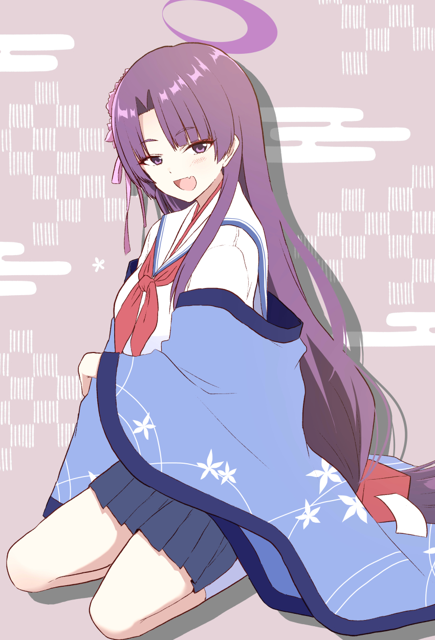 1girl :d absurdres akane_souichi blue_archive blue_haori blue_skirt blue_trim blunt_bangs breasts commentary dot_nose eyeshadow fang flower forehead from_side full_body hair_flower hair_ornament hair_ribbon halo hand_on_own_arm hand_up haori highres japanese_clothes light_blush long_hair long_sidelocks looking_at_viewer makeup medium_breasts miniskirt neckerchief open_mouth parted_bangs pink_flower pink_ribbon pleated_skirt purple_background purple_eyes purple_hair purple_halo red_eyeshadow red_neckerchief ribbon sailor_collar school_uniform seiza serafuku shirt sidelocks sitting skin_fang skirt smile socks solo thighs two-tone_background very_long_hair white_background white_sailor_collar white_shirt white_socks yukari_(blue_archive)