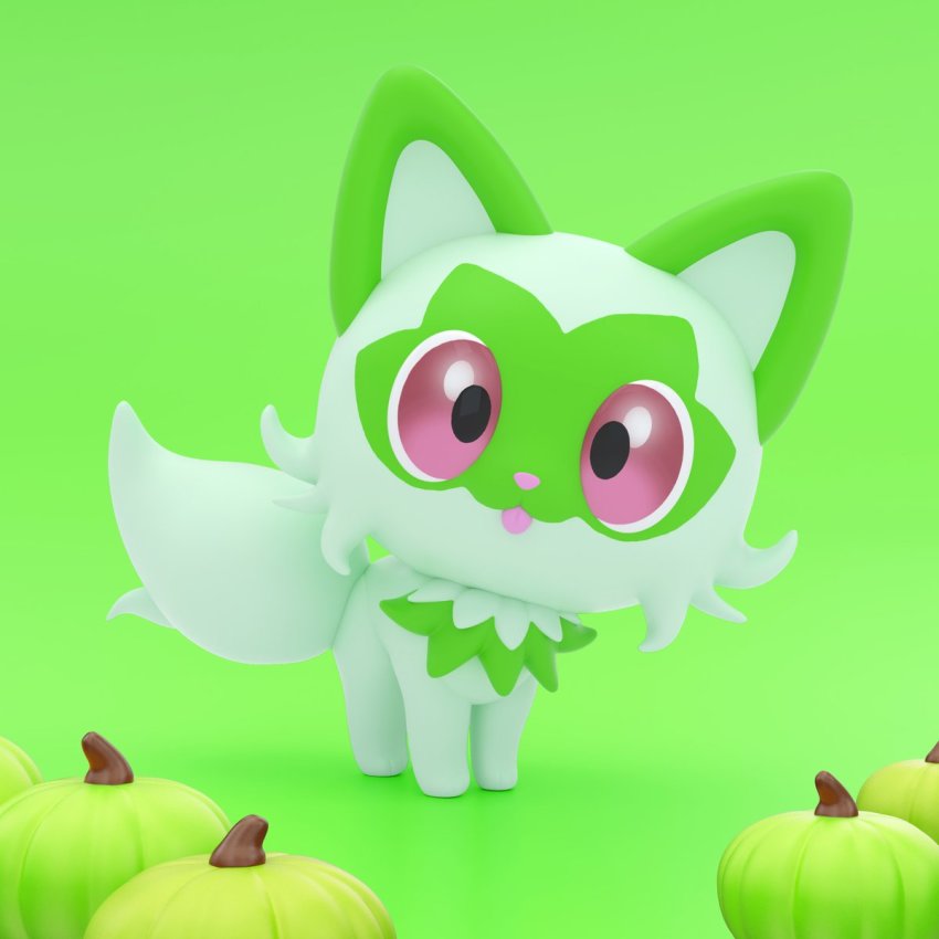 3d animal_focus commentary creatures_(company) english_commentary full_body game_freak green_background green_theme highres looking_at_viewer nintendo no_humans pink_eyes pokemon pokemon_(creature) puffcakerosie pumpkin simple_background solo sprigatito standing tongue tongue_out zbrush_(medium)