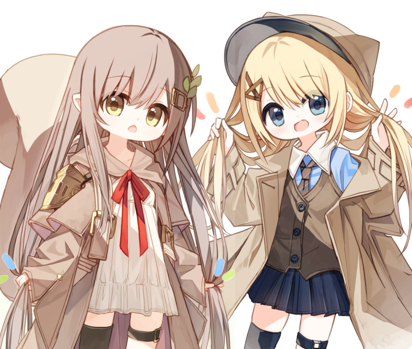 2girls animal_ears animal_hat black_skirt black_thighhighs blonde_hair blue_eyes blue_shirt bow brown_coat brown_eyes brown_hair brown_hat brown_jacket brown_vest cabbie_hat coat collared_shirt commentary_request cropped_legs diagonal-striped_clothes diagonal-striped_necktie dress fake_animal_ears flower_girl_(yuuhagi_(amaretto-no-natsu)) hair_between_eyes hair_ornament hairclip hands_up hat holding holding_own_hair jacket long_hair long_sleeves looking_at_viewer multiple_girls necktie notice_lines open_clothes open_jacket open_mouth original pleated_skirt pointy_ears red_bow shirt simple_background single_thighhigh skirt sleeves_past_wrists squirrel_girl_(yuuhagi_(amaretto-no-natsu)) squirrel_tail striped_clothes tail thighhighs very_long_hair vest white_background white_dress wide_sleeves x_hair_ornament yuuhagi_(amaretto-no-natsu)