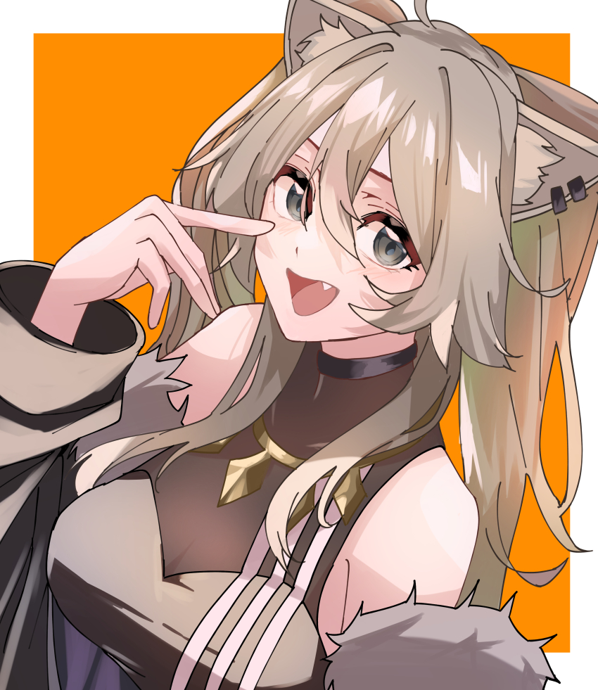 1girl absurdres ahoge amateru animal_ears black_jacket black_shirt border breasts fang fur-trimmed_jacket fur_trim grey_eyes grey_hair highres hololive jacket lion_ears lion_girl long_hair looking_at_viewer open_mouth orange_background shirt shishiro_botan shishiro_botan_(1st_costume) smile solo very_long_hair virtual_youtuber white_border