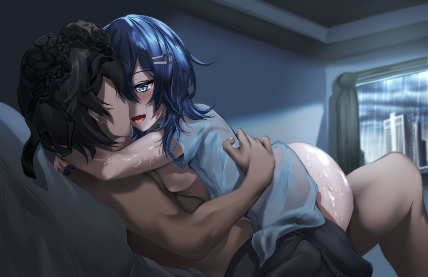 1girl aqua_eyes bed blue_eyes blue_hair blush bra bra_on_head breasts clothed_female_nude_male clothes_pull faceless faceless_male girl_on_top hair_between_eyes highres indoors large_breasts legs long_hair lying nude object_on_head on_bed open_clothes open_mouth original rain sex shoushin_gal_wo_netotte_haramasetai!! skirt skirt_pull smile thighs tonosama_penguin underwear vaginal wet wet_clothes window