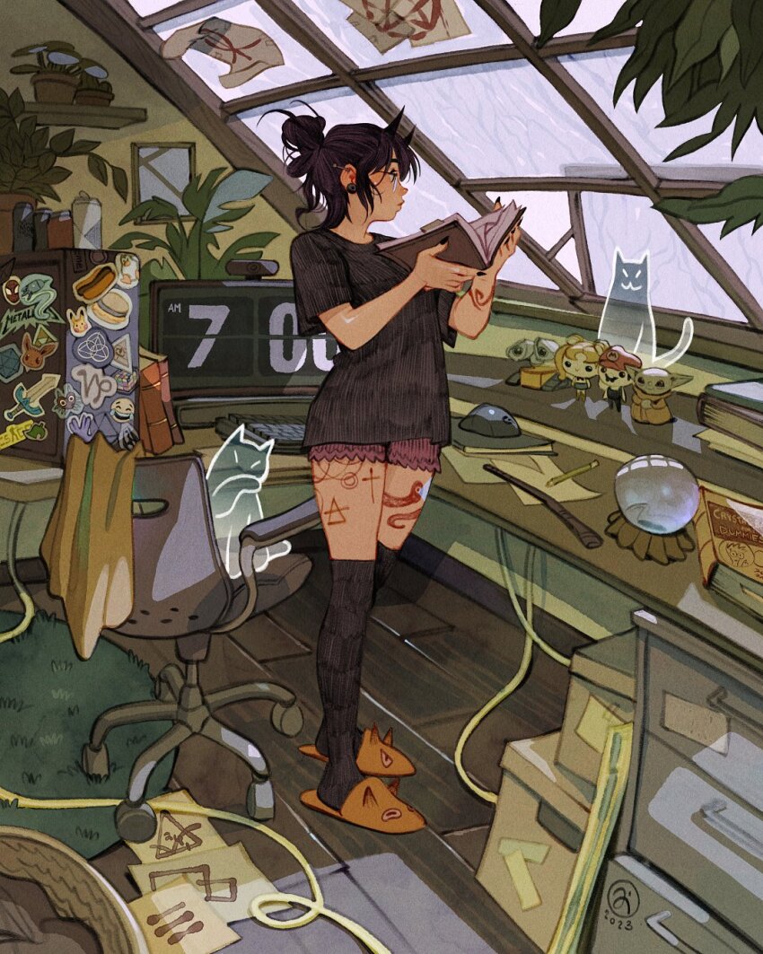 1girl animal_slippers arm_tattoo artist_logo black_hair black_shirt black_thighhighs book box cat chair clock closed_mouth clothes_on_chair commentary computer computer_keyboard computer_mouse crystal_ball day doll earrings english_commentary full_body ghost glasses highres holding holding_book indoors jewelry leg_tattoo logo medium_hair messy_hair monitor office_chair open_window orange_slippers original papers plant potted_plant profile rug runes shirt short_shorts shorts simz slice_of_life slippers solo sticker sunlight swivel_chair t-shirt tattoo thighhighs wand window wooden_floor