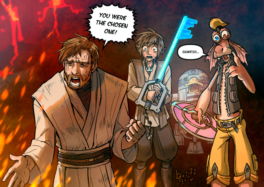 3boys alien black_vest blue_eyes bri_(brigriv) brown_hair brown_pants brown_robe clenched_hand cosplay crossover crying crying_with_eyes_open disney donald_duck donald_duck_(cosplay) droid energy_sword goofy gungan heterochromia holding holding_shield holding_weapon jewelry keyblade kingdom_hearts lightsaber mickey_mouse_&amp;_friends multiple_boys necklace obi-wan_kenobi open_hand open_mouth pants r2-d2 robe robot shield sora_(kingdom_hearts) star_wars star_wars:_revenge_of_the_sith sword tears vest weapon yellow_pants