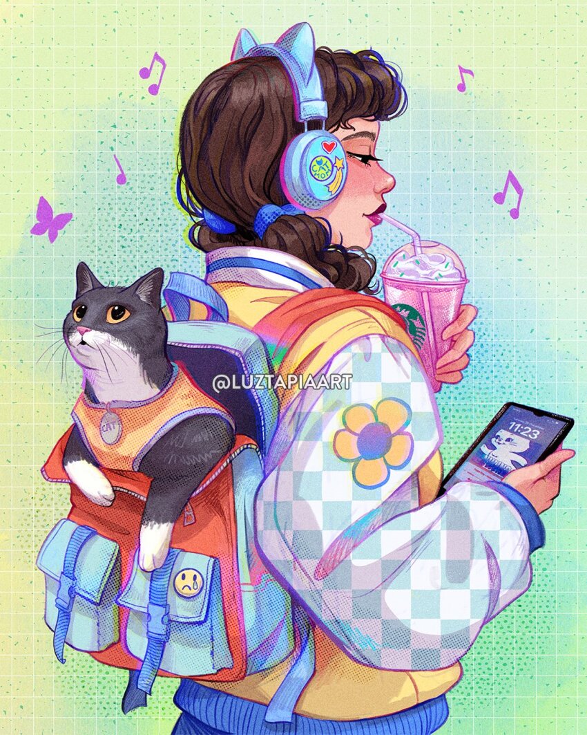 1girl animal_ear_headphones animal_ears artist_name backpack bag blue_sleeves brown_hair cat cat_ear_headphones cellphone checkered_sleeves cup disposable_cup drinking_straw fake_animal_ears headphones highres holding holding_cup holding_phone jacket luztapiaart musical_note original phone smartphone solo two-tone_sleeves upper_body watermark white_sleeves yellow_jacket