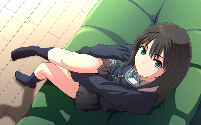 10s 1girl blush brown_hair cardigan chair feet female_focus full_body green_eyes green_upholstery haniwa_(leaf_garden) idolmaster idolmaster_cinderella_girls long_hair looking_at_viewer necktie no_shoes school_uniform shibuya_rin sitting skirt solo striped_necktie