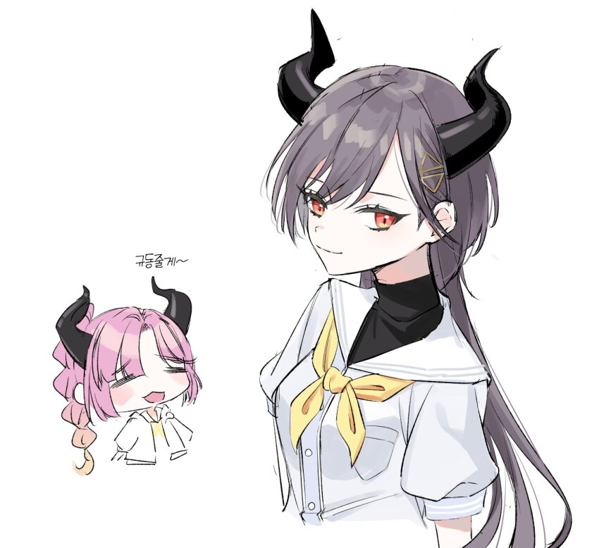 2girls anyoji_hime black_horns blonde_hair breast_pocket commentary_request demon_horns dress fake_horns gradient_hair grey_hair hair_ornament hasu_no_sora_school_uniform highres hood hooded_jacket horns jacket katsuragi_izumi korean_commentary link!_like!_love_live! long_hair love_live! multi-tied_hair multicolored_hair multiple_girls neckerchief open_clothes open_jacket pink_hair pocket ponytail sailor_collar sailor_dress school_uniform sidelocks simple_background thanasys triangle_hair_ornament turtleneck virtual_youtuber white_background white_dress white_jacket white_sailor_collar wolf_cut yellow_neckerchief