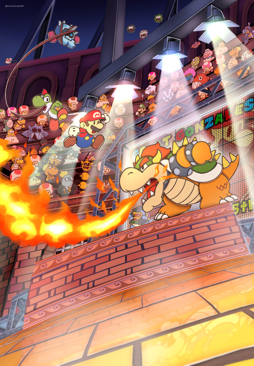 arena blonde_hair blooey_(paper_mario:_the_thousand_year_door) blooper_(mario) boo_(mario) bootler bow_(paper_mario) bowser bracelet breath_weapon breathing_fire brick bristle brown_footwear brown_hair bub_(paper_mario:_the_thousand_year_door) buzzy_beetle camera chain_chomp character_request cloud colosseum crazee_dayzee dark_claw_(paper_mario:_the_thousand_year_door) dark_puff dupree_(paper_mario:_the_thousand_year_door) english_text facial_hair fangs fighting fire flower_fuzzy fuzzy_(mario) glasses gloves goldbob_(paper_mario:_the_thousand_year_door) green_hat green_shirt grubba hammer hammer_bro hat heart heart_tail highres holding holding_camera hollow_eyes horns iron_cleft jewelry jumping koopa_troopa lakitu long_sleeves looking_at_another luigi magikoopa maribou_(supermaribou) mario mario_(series) mask microphone ms._mowz multiple_boys mustache nintendo open_mouth overalls paper_luigi paper_mario paper_mario:_the_thousand_year_door paper_mario_(character) paper_mario_64 piranha_plant red_footwear red_hair red_hat red_toad_(mario) reflective_floor shirt shoes shy_guy spiked_bracelet spiked_shell spiked_tail spikes stage stage_lights sunglasses swoop_(mario) sylvia_(paper_mario:_the_thousand_year_door) tail television toadette white_gloves wizard_hat yoshi