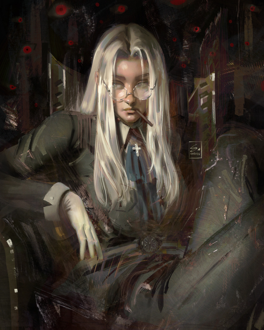 1girl alucard_(hellsing) arm_rest artist_name ascot blonde_hair blue_ascot cigarette commentary cross curtained_hair dark-skinned_female dark_skin disembodied_eye english_commentary expressionless extra_eyes glasses gloves green_jacket hellsing highres integra_hellsing jacket long_hair long_sleeves looking_to_the_side painterly parted_bangs red_eyes round_eyewear sebijy sitting smoking white_gloves