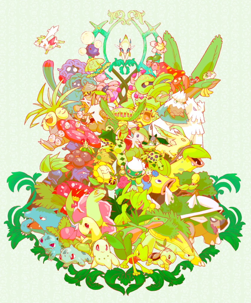 00s 1990s_(style) :&lt; abomasnow arceus bayleef bellossom bellsprout breloom budew bulbasaur cacnea cacturne carnivine celebi cherrim cherrim_(sunshine) cherubi chikorita closed_eyes cradily exeggcute exeggutor gen_1_pokemon gen_2_pokemon gen_3_pokemon gen_4_pokemon gloom_(pokemon) grotle grovyle happy highres hoppip ivysaur jumpluff leaf leafeon legendary_pokemon lileep lombre lotad ludicolo meganium mythical_pokemon nintendo no_humans nuzleaf oddish paras parasect plant pokemon pokemon_(creature) pokemon_dppt pokemon_gsc pokemon_rgby pokemon_rse red_eyes retro_artstyle roselia_(pokemon) roserade saliva sceptile seedot shiftry shroomish simple_background skiploom sleeping smile snover sunflora sunkern tangela tangrowth tokiwa_(kitokito) torterra treecko tropius turtwig venusaur victreebel vileplume weepinbell yellow_eyes