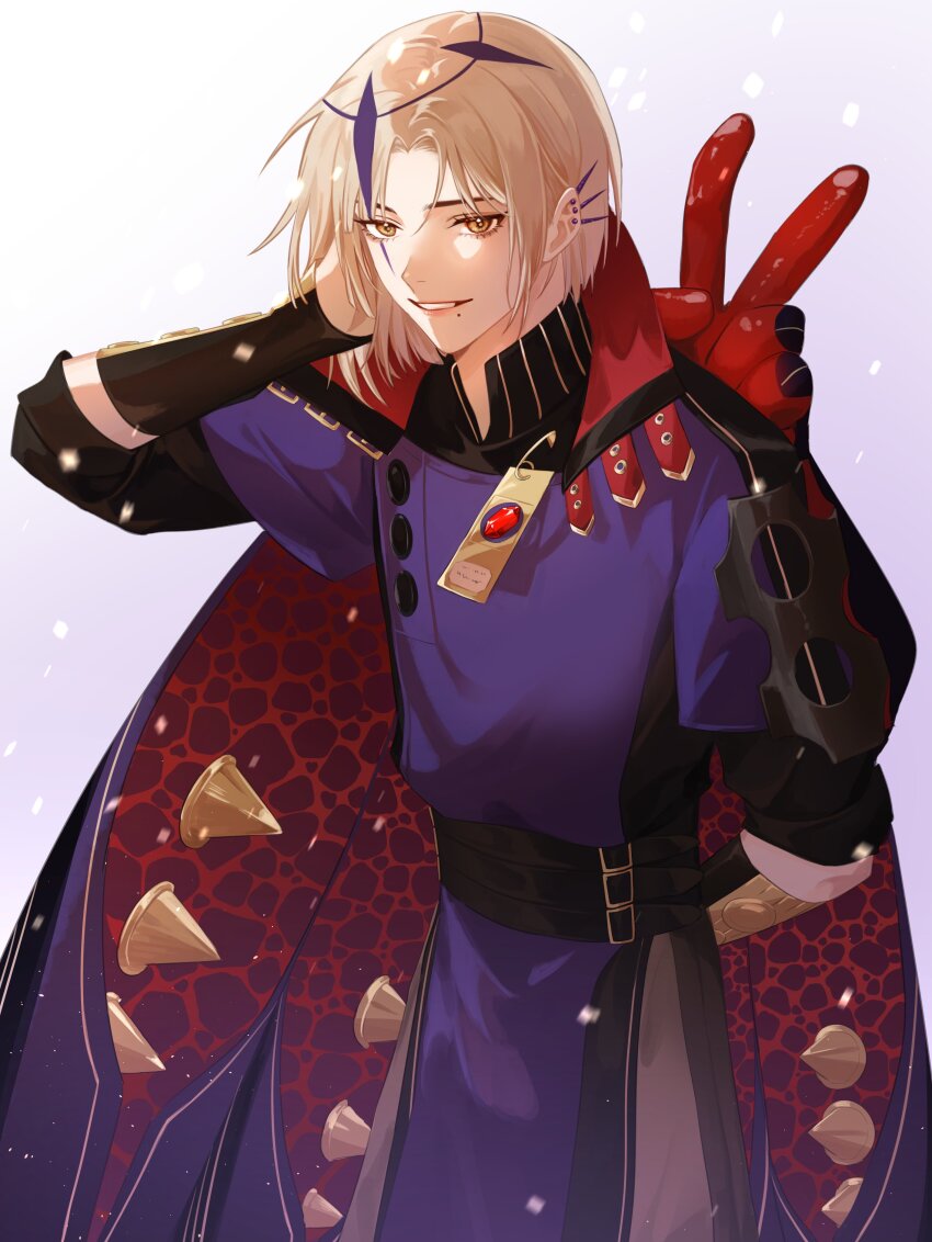 1boy absurdres black_shirt blonde_hair cape cowboy_shot crescent_(cgcrescent) ear_piercing extra_arms hair_tattoo highres holostars holostars_english magni_dezmond medium_hair mole mole_under_eye parted_lips piercing purple_tunic shirt solo tunic v virtual_youtuber yellow_eyes