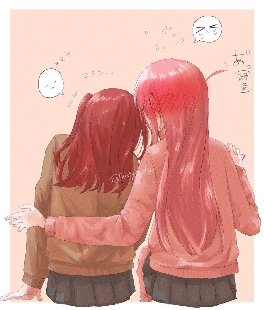 &gt;_&lt; 2girls =_= black_skirt blush bocchi_the_rock! brown_shirt ear_blush flying_sweatdrops gotoh_hitori hair_blush head_on_another&#039;s_shoulder highres huzya_ta jacket kita_ikuyo multiple_girls pink_background pink_hair pink_jacket red_hair school_uniform shirt shuka_high_school_uniform side_ahoge side_ponytail simple_background skirt sleeping sleeping_on_person two-tone_background white_background yuri zzz