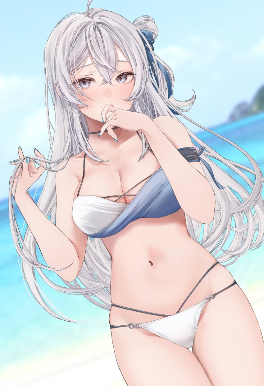 1girl akechi_mitsuki armband bikini blue_bikini blue_nails blue_ribbon blue_sky breasts cleavage commission cowboy_shot crossed_bangs day dutch_angle grey_eyes grey_hair hair_ribbon hair_rings hand_to_own_mouth highres holding holding_own_hair horizon jibika_(jbk_sb) large_breasts light_blush long_hair looking_at_viewer multi-strapped_bikini_bottom multicolored_bikini navel ocean outdoors ribbon shore single_hair_ring skeb_commission sky solo stomach swimsuit thigh_gap two-tone_bikini unifee virtual_youtuber white_bikini
