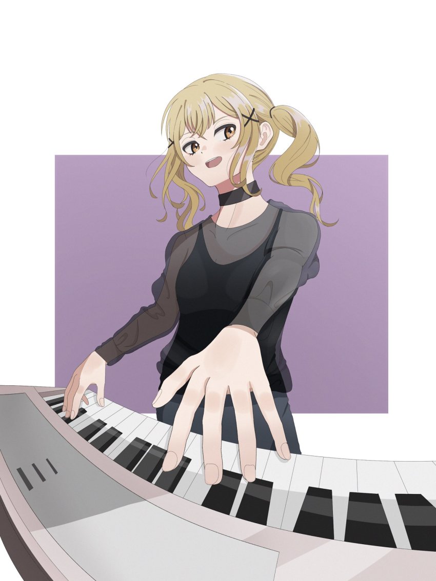 1girl bad_id bad_pixiv_id bang_dream! black_collar black_shirt blonde_hair collar hair_ornament hairclip highres ichigaya_arisa instrument keyboard_(instrument) long_hair long_sleeves open_mouth purple_background shirt smile solo twintails upper_body yasou0049 yellow_eyes