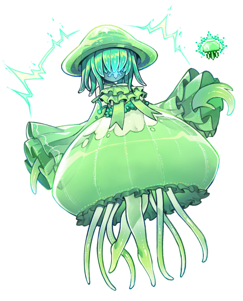 1girl 1other ascot barefoot detached_sleeves dress electricity glowing glowing_mouth green_ascot green_dress green_hair green_headwear green_theme highres jellyfish jellyfish_(terraria) jellyfish_girl long_sleeves medium_hair navel no_eyes nyong_nyong see-through_clothes simple_background tentacle_hair tentacle_hands tentacle_legs terraria white_background wide_sleeves