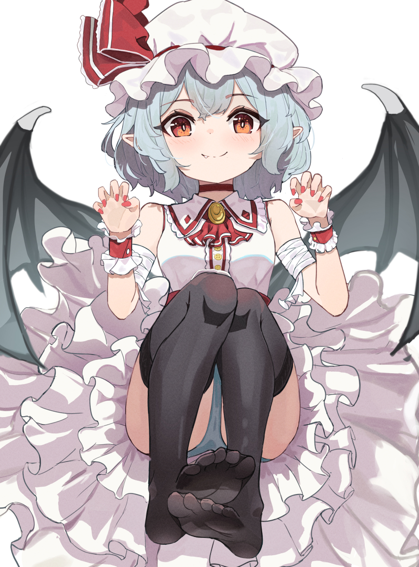 1girl absurdres armband ascot bat_wings black_thighhighs blue_hair blush brooch collared_shirt commentary dress english_commentary fang feet frilled_shirt_collar frills gao hair_between_eyes hat hat_ribbon highres jewelry looking_at_viewer mob_cap panties pink_hat pink_shirt pink_skirt pointy_ears qiao_yucheng red_ascot red_nails red_ribbon remilia_scarlet ribbon shirt short_hair simple_background skirt skirt_set sleeveless sleeveless_shirt smile solo thighhighs touhou underwear white_background white_dress wings wrist_cuffs