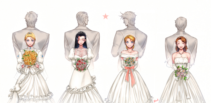 4boys 4girls apple_brk artist_name back-to-back bad_id bad_pixiv_id black_hair blonde_hair blue_eyes bouquet bride brown_hair closed_eyes couple dress earrings erina_pendleton flower george_joestar_ii highres jewelry jojo_no_kimyou_na_bouken jonathan_joestar joseph_joestar joseph_joestar_(young) kuujou_holly kuujou_sadao lisa_lisa multiple_boys multiple_girls necklace ribbon rose simple_background smile strapless strapless_dress suzi_q tiara veil wedding_dress white_dress