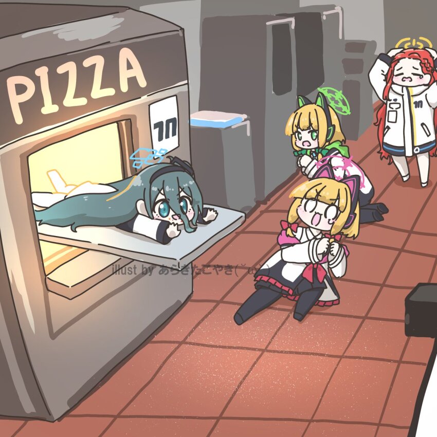 0_0 4girls ai-generated_art_(topic) animal_ear_headphones animal_ears araki_takoyaki aris_(blue_archive) artist_name black_hair blonde_hair blue_archive blue_halo cat_ear_headphones chibi chibi_only commentary_request domino&#039;s_pizza_ai_images_(meme) fake_animal_ears fallen_down game_development_department_(blue_archive) green_halo halo headphones highres indoors jacket lying meme midori_(blue_archive) momoi_(blue_archive) multiple_girls on_stomach oven parody pink_halo red_hair school_uniform smile tile_floor tiles v-shaped_eyebrows watermark white_jacket yellow_halo yuzu_(blue_archive)