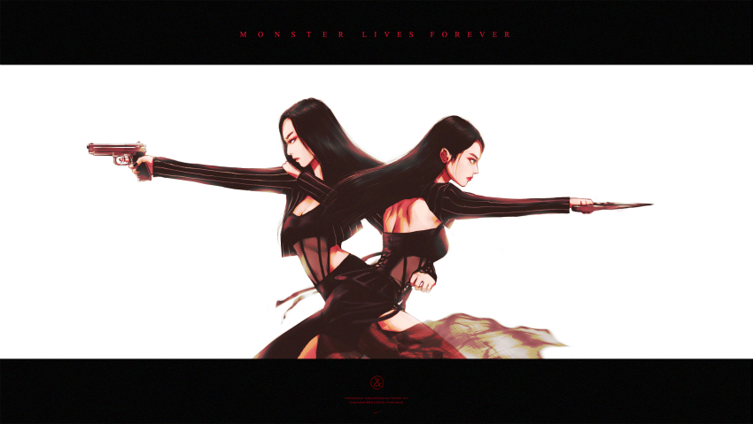 2girls black_hair closed_mouth commentary gun highres holding holding_gun holding_weapon irene_(red_velvet) k-pop letterboxed long_hair long_sleeves monster_(red_velvet) multiple_girls profile real_life red_velvet_(group) seulgi_(red_velvet) sin_daybreak weapon