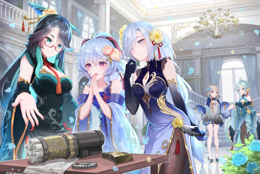 5girls absurdres aqua_eyes aqua_hair arm_behind_back black_dress black_gloves black_hair black_pantyhose blue_hair china_dress chinese_clothes closed_mouth dress elbow_gloves falling_petals ganyu_(genshin_impact) genshin_impact glasses gloves goat_horns grey_hair guizhong_(genshin_impact) hair_over_one_eye hand_up hands_up highres horns indoors light_brown_hair long_hair looking_at_another madame_ping_(genshin_impact) multiple_girls nyansan_oekaki pantyhose parted_lips petals purple_eyes shenhe_(genshin_impact) smile standing xianyun_(genshin_impact)