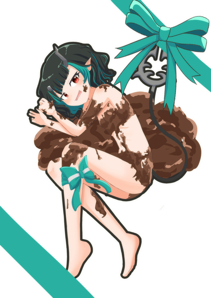 1girl absurdres barefoot black_hair blue_bow blue_hair blush bow chocolate chocolate_on_body commentary completely_nude dated_commentary demon_girl demon_horns demon_tail fang flat_chest food_on_body full_body highres horns looking_at_viewer lying multicolored_hair nanashi_inc. nude on_side open_mouth pointy_ears red_eyes rokusuke_nonaka shishio_chris short_hair simple_background smile solo tail two-tone_hair virtual_youtuber white_background