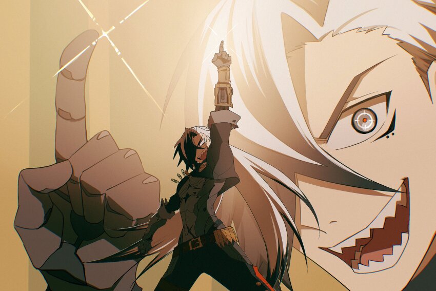 1boy arm_up belt black_hair boke_aho_nara boothill_(honkai:_star_rail) crosshair_pupils grey_eyes hair_over_one_eye highres honkai:_star_rail honkai_(series) index_finger_raised kamina_pose long_hair looking_at_viewer male_focus mechanical_hands mole mole_under_eye multicolored_hair multiple_views parody pointing pointing_up sharp_teeth simple_background sparkle teeth tengen_toppa_gurren_lagann very_long_hair white_hair