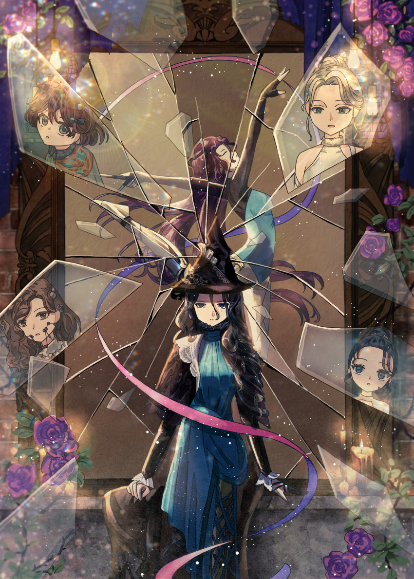 3girls absurdres aged_down black_cape black_hair black_hat blue_dress blue_eyes broken_glass cape caroline_bartley closed_mouth dress flower flutterpage glass glass_shards hat highres jitsugetsu light_particles long_dress long_hair long_sleeves looking_at_viewer mole mole_under_eye multiple_girls painting_(object) purple_flower purple_ribbon reflection reverse:1999 ribbon sitting tooth_fairy_(reverse:1999) willow_(reverse:1999) witch_hat