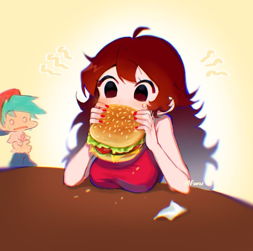 1boy 1girl aqua_hair boyfriend_(friday_night_funkin&#039;) breasts brown_hair burger cheese chromatic_aberration dress eating food friday_night_funkin&#039; girlfriend_(friday_night_funkin&#039;) highres holding holding_food lettuce long_hair mary_felizola medium_breasts red_dress red_headwear sleeveless sleeveless_dress sweat tomato wrapper