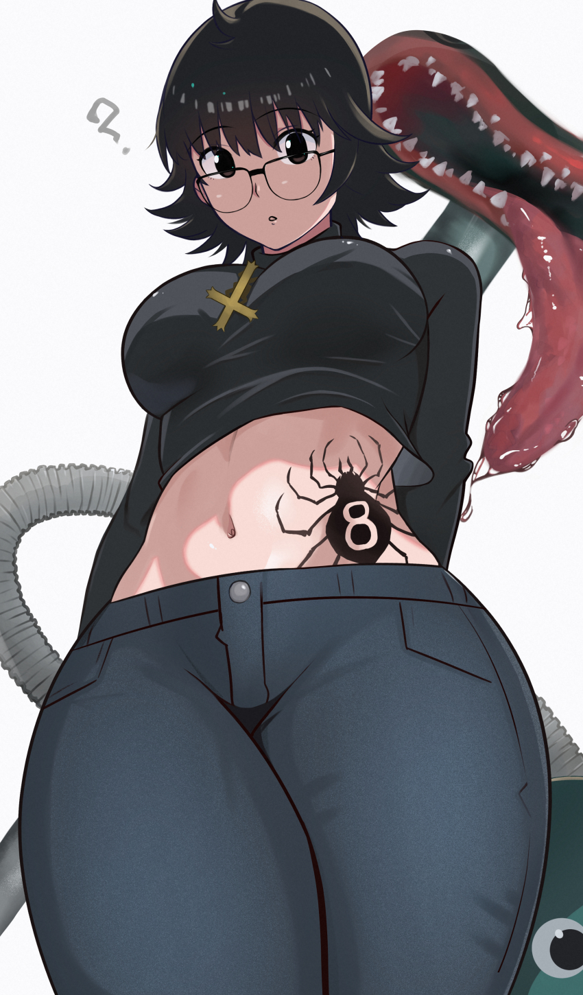 1girl ? absurdres arms_behind_back black_eyes black_hair black_sweater blinky_(hunter_x_hunter) blue_pants breasts commentary_request cowboy_shot cross denim from_below glasses highres hunter_x_hunter inverted_cross inverted_cross_necklace jeans large_breasts looking_at_viewer midriff navel pants parted_lips shee-p_(inemurisheep113) shizuku_murasaki short_hair simple_background solo spider_tattoo standing stomach sweater tattoo turtleneck turtleneck_sweater white_background