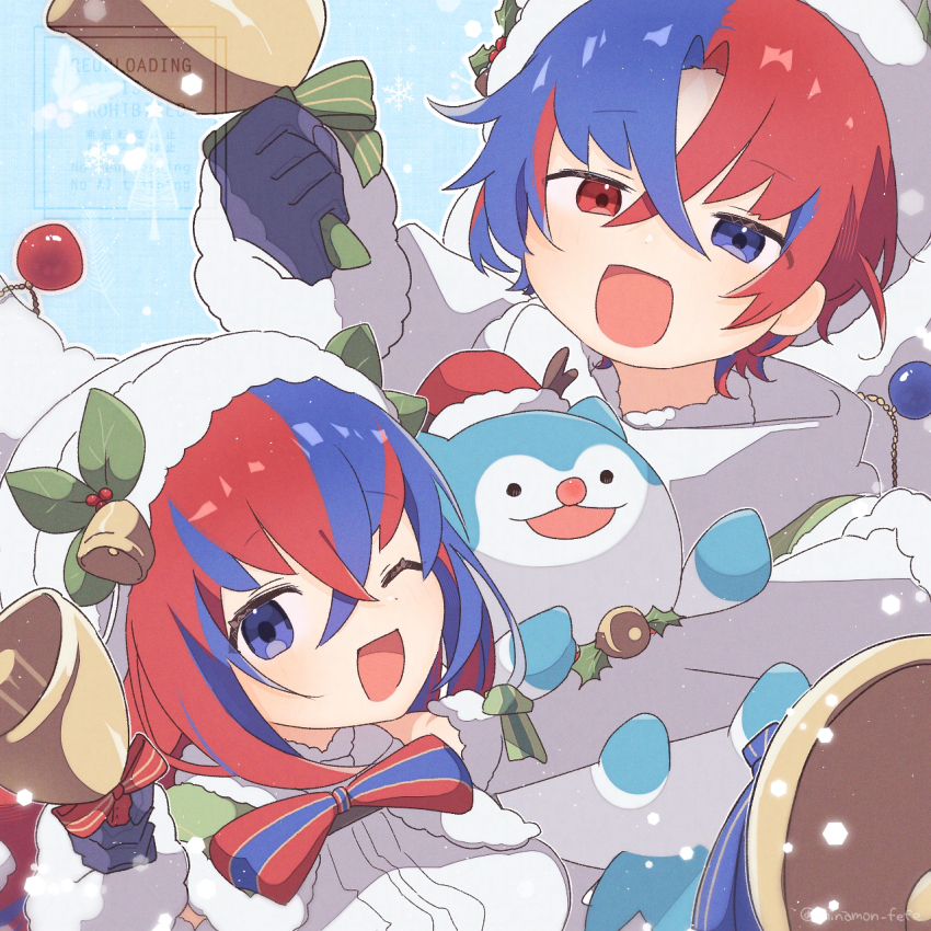 1boy 1girl 1other alear_(female)_(fire_emblem) alear_(female)_(gifted_dragons)_(fire_emblem) alear_(fire_emblem) alear_(male)_(fire_emblem) alear_(male)_(gifted_dragons)_(fire_emblem) antlers aqua_fur bell blue_gloves christmas crossed_bangs deer_antlers fake_antlers fire_emblem fire_emblem_engage fire_emblem_heroes fur-trimmed_headwear fur_trim fur_wrist_cuffs gloves heterochromia highres holding holding_bell horns multicolored_hair nintendo sommie_(fire_emblem) sorane_amus split-color_hair wrist_cuffs