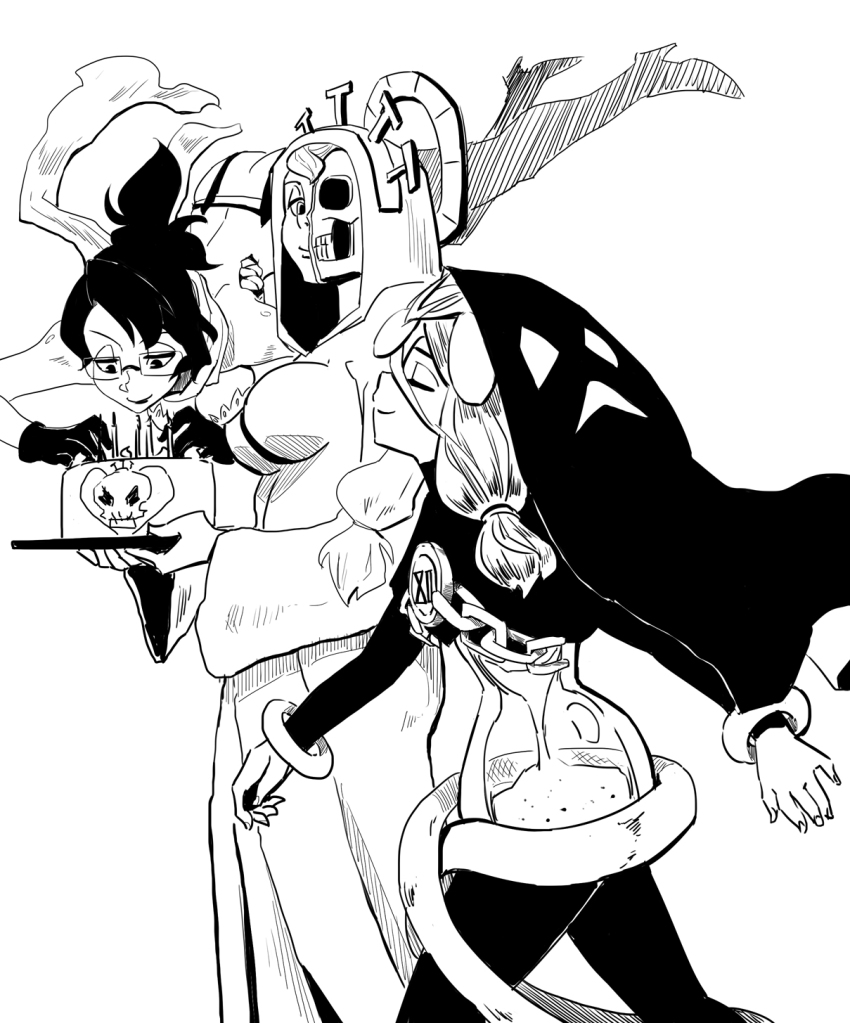 2015 10307 3girls aeon_(skullgirls) birthday_cake black_hair butt_crack cake candle crown exposed_bone closed_eyes floating food glasses green_little half-closed_eyes high_heels highres holding hood hourglass lingerie monochrome mother_(skullgirls) mother_and_daughter multiple_girls ponytail robe sand scarf shrug_(clothing) siblings sisters skull skullgirls tiara underwear venus_(skullgirls) walking white_background