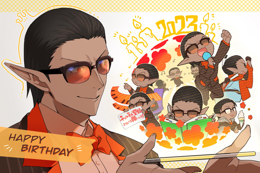 1boy 2023 book bow bowtie brown_hair chibi closed_mouth dark-skinned_male dark_skin food formal_clothes gwelu_os_gar gwelu_os_gar_(1st_costume) happy_birthday highres holding holding_microphone ice_cream jip male_focus microphone multiple_views nijisanji open_mouth orange_bow orange_bowtie pointy_ears red_eyes suit sunglasses virtual_youtuber