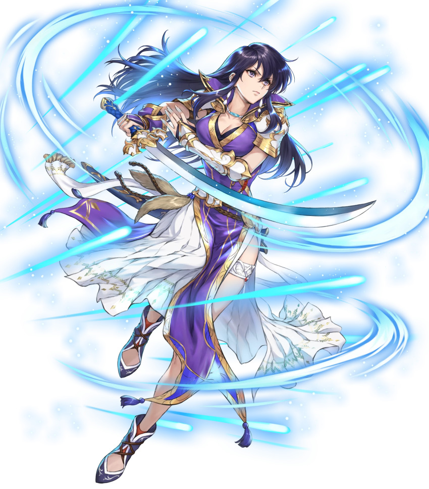 1girl armor asymmetrical_gloves attack ayra_(fire_emblem) ayra_(supreme_astra) black_hair blue_light breasts bridal_gauntlets cleavage commentary dress earrings english_commentary fire_emblem fire_emblem:_genealogy_of_the_holy_war fire_emblem_heroes full_body gloves high_heels highres holding holding_sword holding_weapon jewelry long_hair makimura_shunsuke medium_breasts mismatched_gloves necklace nintendo non-web_source official_art pearl_necklace pelvic_curtain purple_dress purple_eyes purple_footwear purple_gloves sheath shoulder_armor shoulder_pads simple_background sword thighlet thighs v-shaped_eyebrows weapon white_background white_gloves