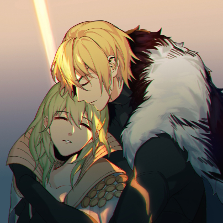 1boy 1girl black_fur black_shirt blonde_hair blue_cape cape closed_eyes closed_mouth couple dimitri_alexandre_blaiddyd dimitri_alexandre_blaiddyd_(timeskip) female_byleth_(awakened)_(fire_emblem) female_byleth_(fire_emblem) female_byleth_(enlightened_one)_(fire_emblem) fire_emblem fire_emblem:_three_houses fur-trimmed_cape fur_trim green_hair hetero highres kyounatsuuu medium_hair nintendo shirt short_hair