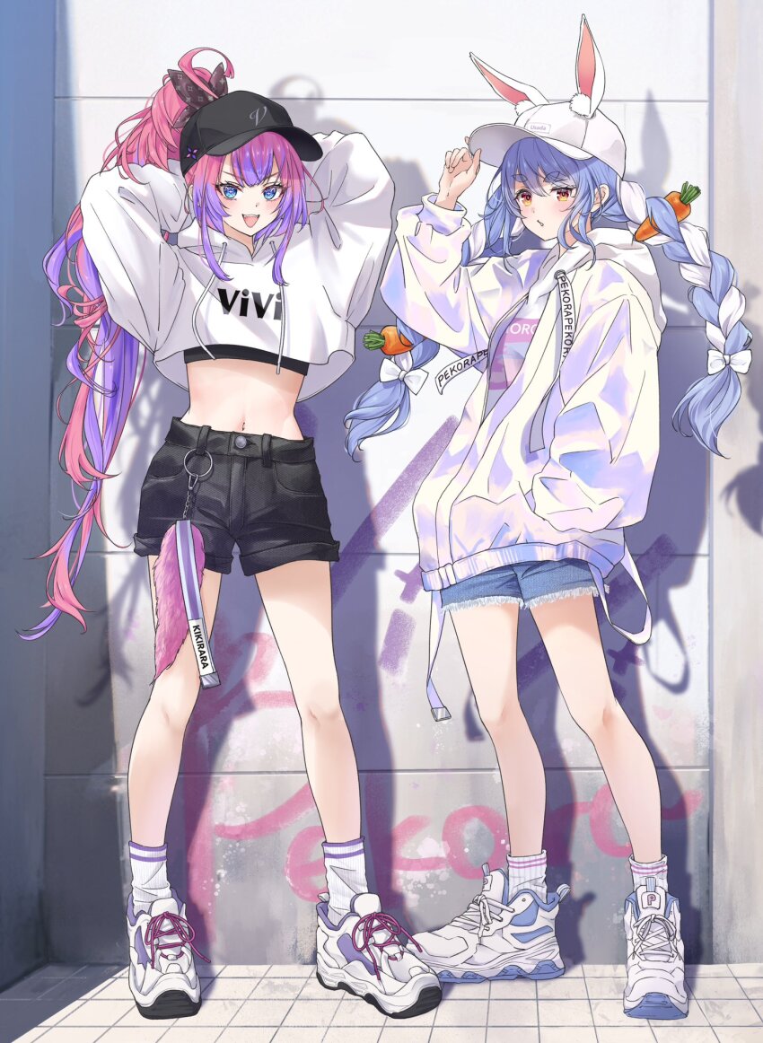 2girls animal_ears baseball_cap black_shorts character_request crop_top hand_in_pocket hat highres hololive hood hoodie multicolored_hair multiple_girls navel omichi_1219 shorts standing two-tone_hair usada_pekora virtual_youtuber white_hoodie