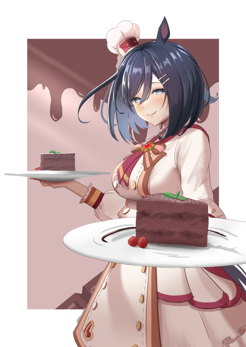 1girl absurdres animal_ears apron black_hair blue_eyes blush buttons chef chef_hat chocolate_hair_ornament closed_mouth commentary_request cowboy_shot double-breasted dress eishin_flash_(collect_chocolatier)_(umamusume) eishin_flash_(umamusume) food-themed_hair_ornament frilled_dress frills gloves hair_between_eyes hair_ornament hairclip hat highres holding holding_tray horse_ears horse_girl horse_tail impossible_clothes impossible_dress kanketsu25 long_sleeves looking_at_viewer medium_hair mini_hat neckerchief official_alternate_costume official_alternate_hairstyle red_neckerchief short_dress three-quarter_sleeves smile solo swept_bangs tail tilted_headwear tray umamusume white_apron white_dress white_gloves white_hat wrist_cuffs