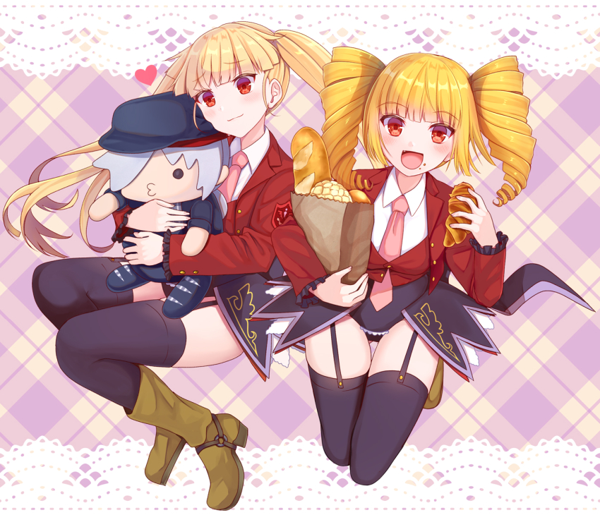2girls :d akausagi asmodeus_(umineko) bag baguette beelzebub_(umineko) black_legwear black_leotard blonde_hair boots border bread character_doll closed_mouth collared_shirt croissant doll drill_hair food food_on_face frilled_sleeves frills garter_straps highres holding holding_bag holding_doll holding_stuffed_toy jacket lace lace_border leotard long_hair long_sleeves multiple_girls necktie open_clothes open_jacket open_mouth ornate_border paper_bag pink_neckwear red_jacket shirt smile stuffed_toy suit_jacket thighhighs twin_drills umineko_no_naku_koro_ni